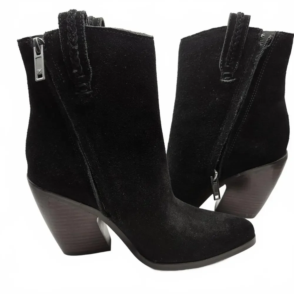 Sam Edelman Agnes Black Suede Western Booties Pointed Toe Block Heel Women’s 6M